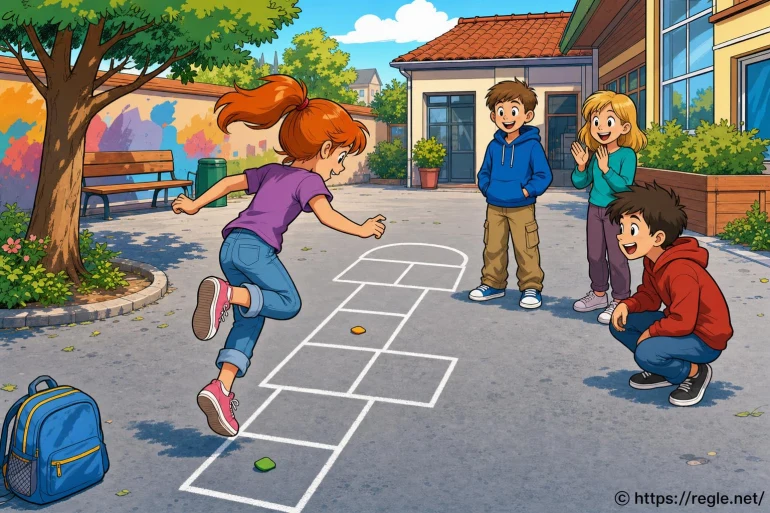Enfants jouant à la marelle en cour