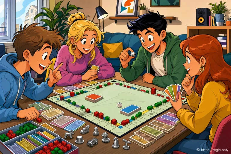 Adolescents jouant au Monopoly en intérieur