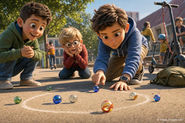 Enfants jouant aux billes en plein air