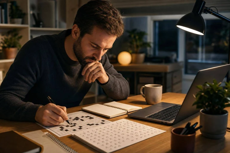 Homme résolvant un puzzle de mots croisés