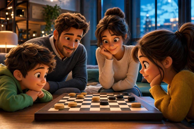 Famille jouant aux dames en soirée
