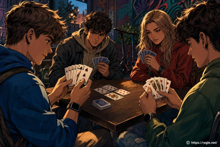 Quatre jeunes jouent aux cartes en soirée