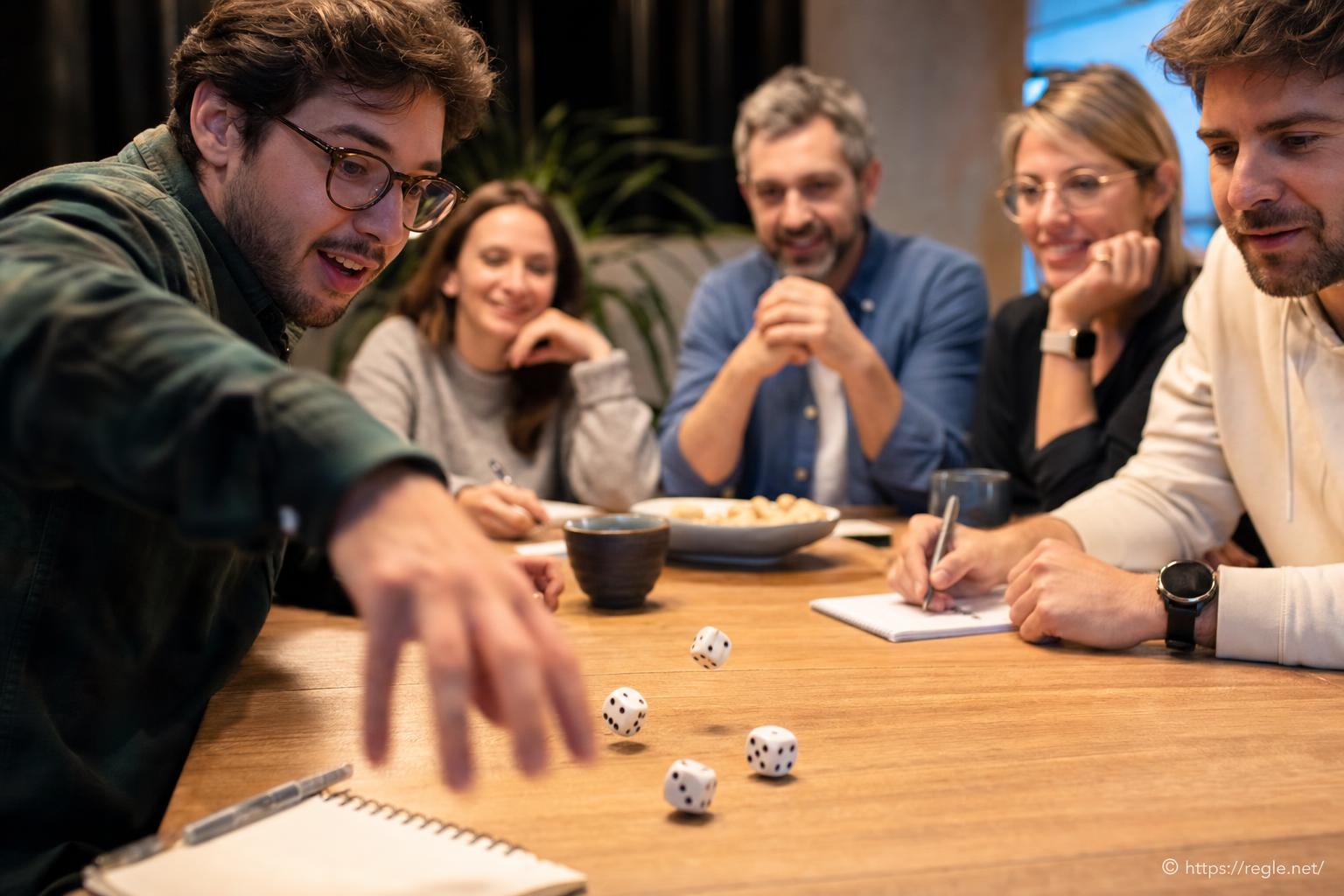 Groupe d adultes jouant aux dés autour d une table