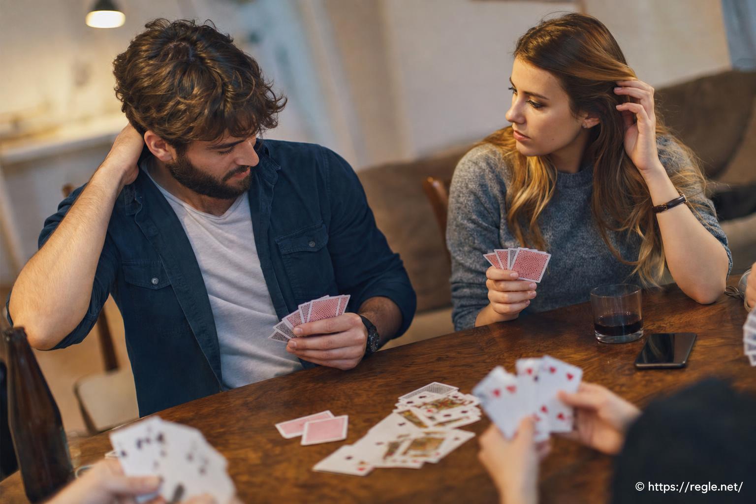 Jeunes adultes jouant aux cartes autour d'une table