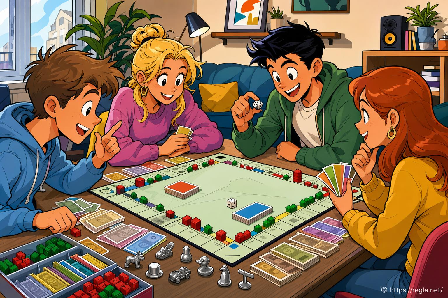 Adolescents jouant au Monopoly en intérieur