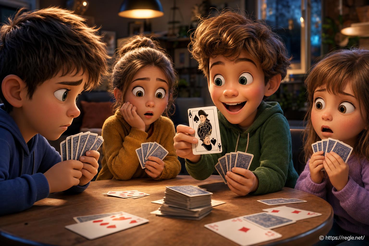 enfants jouant aux cartes avec surprise