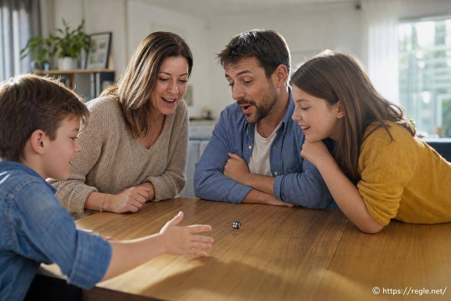 Famille jouant aux dés autour d'une table