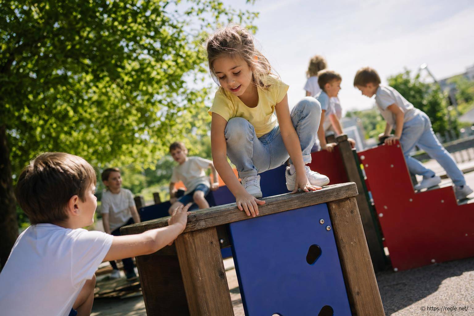 Enfants jouant sur structure de jeu extérieure