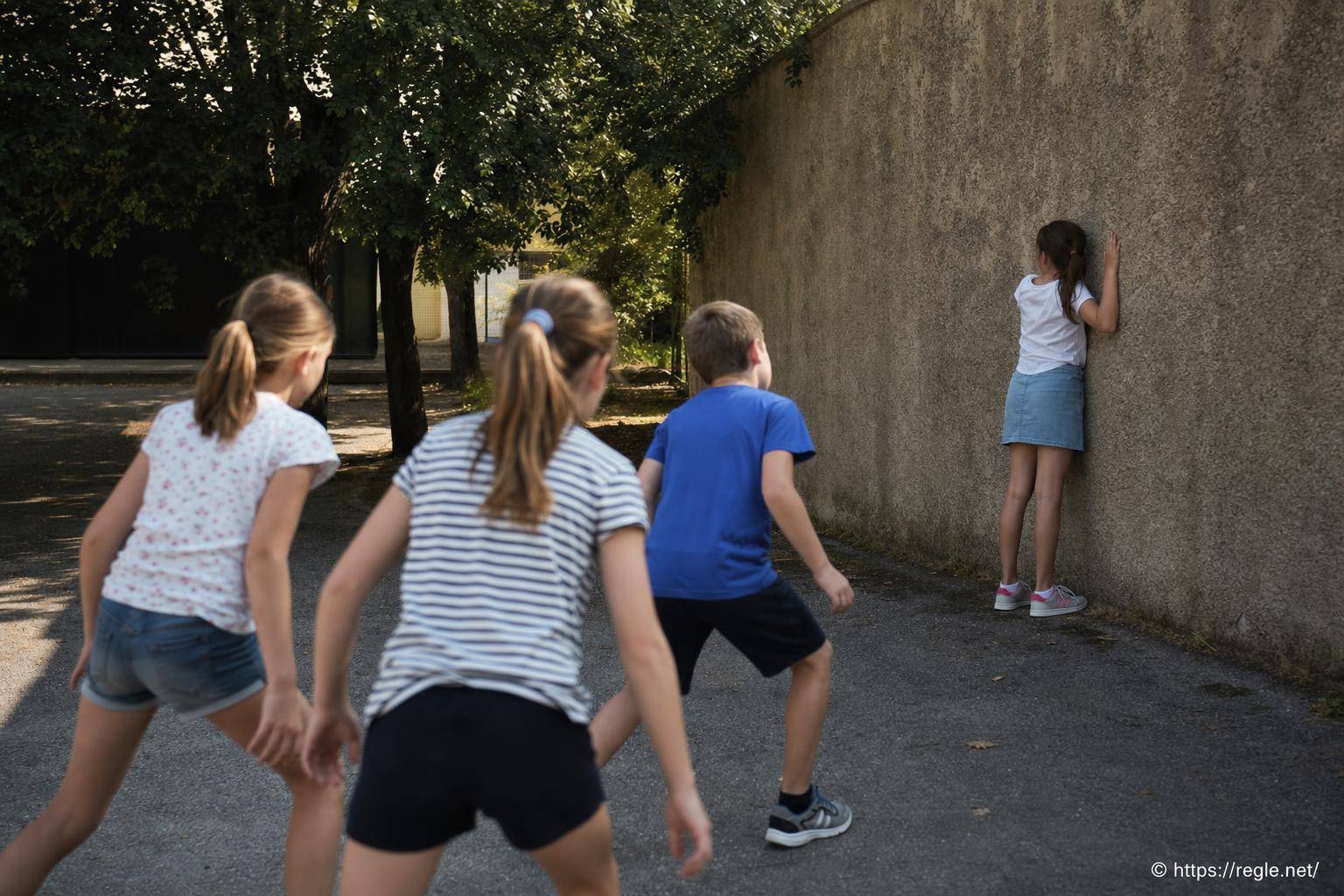 Enfants jouant à cache-cache contre un mur