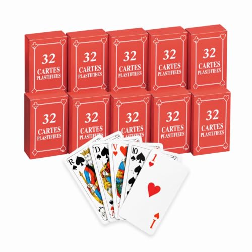 Lot de 10 Jeux de 32 Cartes, Plastifiées Résistantes, Belote