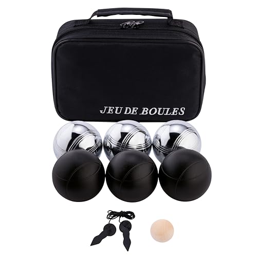 Engelhart - 010207 - Jeu de Boules 2 x 3 Noires et Grises - 74 mm - Triplette - Jeu de Petanque - 6 Boules de Pétanque, Sac en Nylon, Cordon de Mesure, cochonnet - 2 Joueurs - Dès 6 Ans