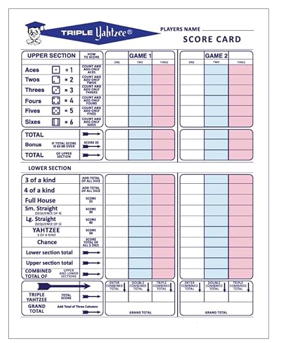 Lot de 150 feuilles de score triple qualité pour jeu Yahtzee
